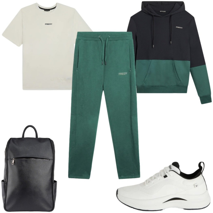 Outfit uomo - Total look #2398763. Stile Trendy per Sport. Abbinamento con t-shirt, sneakers, pantaloni, felpe con cappuccio, borse sportive.