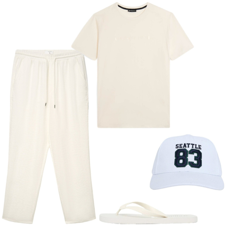 Outfit uomo - Sunday @home. Stile Casual per Tutti i giorni. Abbinamento con cappelli, pantaloni, sandali, t-shirt sportive.