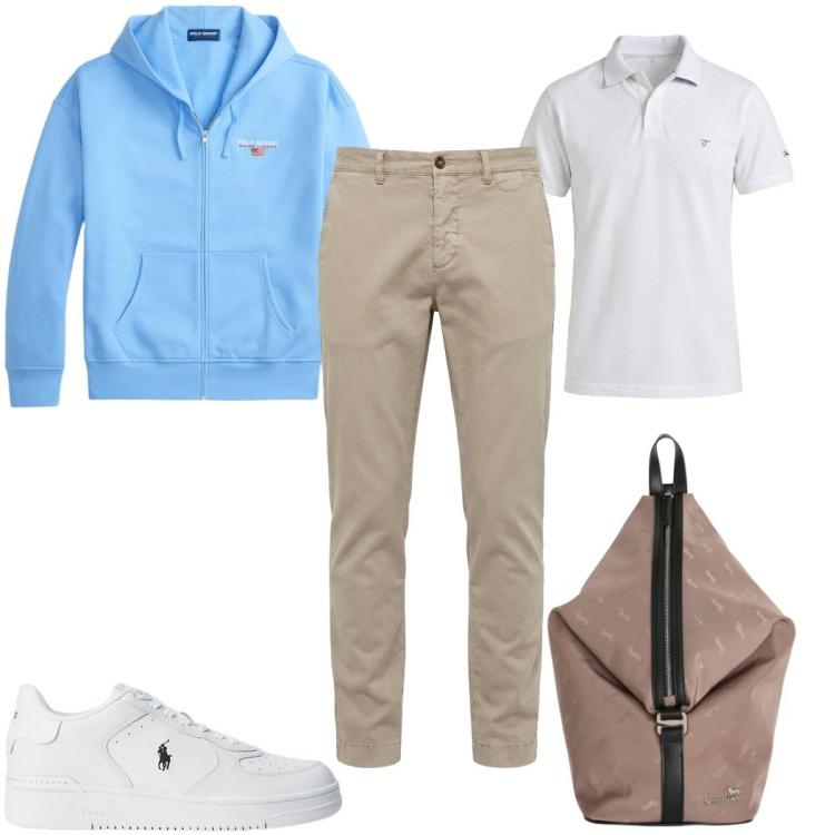 Outfit uomo - Total look #2398768. Stile Casual per Tutti i giorni. Abbinamento con pantaloni chino, borse sportive, polo, sneakers, felpe con cappuccio.