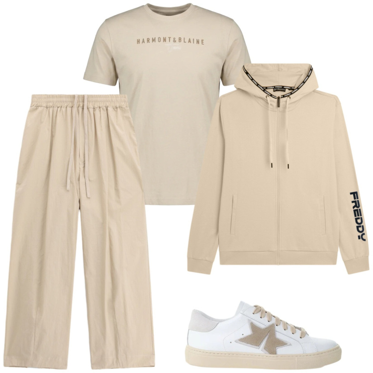 Outfit uomo - Sabbia. Stile Casual per Sport. Abbinamento con t-shirt, pantaloni, sneakers, felpe con cappuccio.