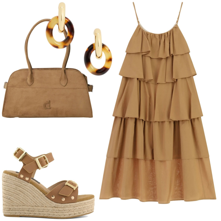 Outfit donna - Summer. Stile Urban per Tutti i giorni. Abbinamento con vestiti lunghi, cappotti, orecchini, zeppe.