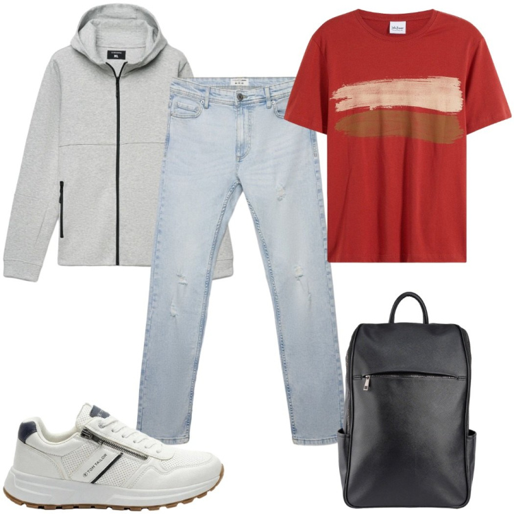 Outfit uomo - Total look #2398775. Stile Casual per Tutti i giorni. Abbinamento con t-shirt, sneakers, felpe con cappuccio, jeans strappati, borse sportive.