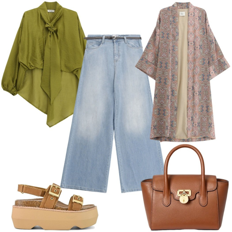 Outfit donna - Total look #2398782. Stile 70s per Tutti i giorni. Abbinamento con jeans, camicie, cappotti, borse a mano, sandali col tacco.