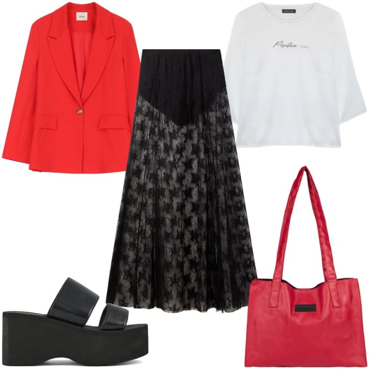 Outfit donna - Total look #2398783. Stile Trendy per Tutti i giorni. Abbinamento con gonne lunghe, blazer, bluse, shopping bag, zeppe.