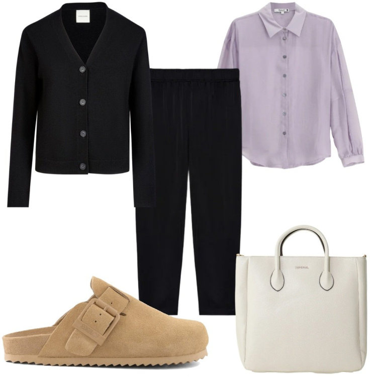 Outfit donna - Total look #2398785. Stile Mannish per Ufficio. Abbinamento con camicie, borse a tracolla, pantaloni, cardigans, sabot.