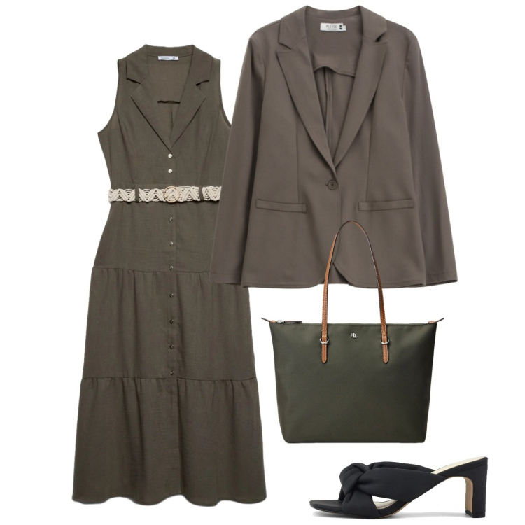 Outfit donna - Silhouette fluide e leggere - Focus Donn. Stile Chic per Tutti i giorni. Abbinamento con vestiti chemisier, blazer, borse tote, sandali col tacco.