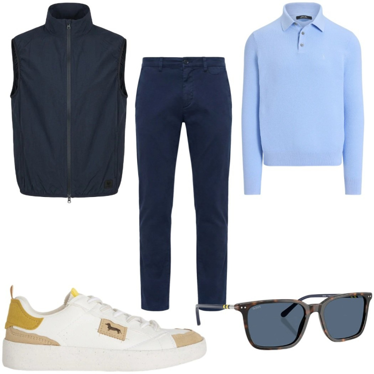 Outfit uomo - Total look #2398803. Stile Casual per Tutti i giorni. Abbinamento con sneakers, pantaloni chino, maglieria, occhiali da sole, gilet.