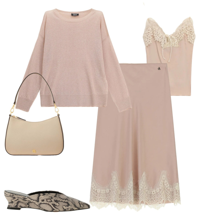 Outfit donna - Cipria. Stile Chic per Tutti i giorni. Abbinamento con maglieria, top, sabot, gonne longuette, borse a spalla.