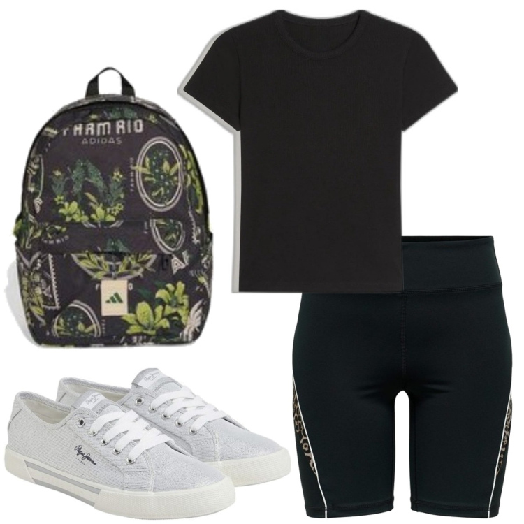Outfit mujer - Deportes. Estilo Casual para Deporte. Combinación con sneakers, mochilas, shorts, camiseta.
