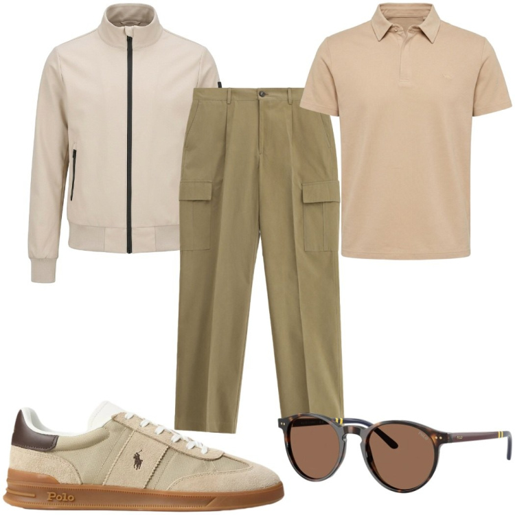 Outfit uomo - Total look #2398812. Stile Casual per Tutti i giorni. Abbinamento con pantaloni cargo, polo, occhiali da sole, sneakers, bomber.