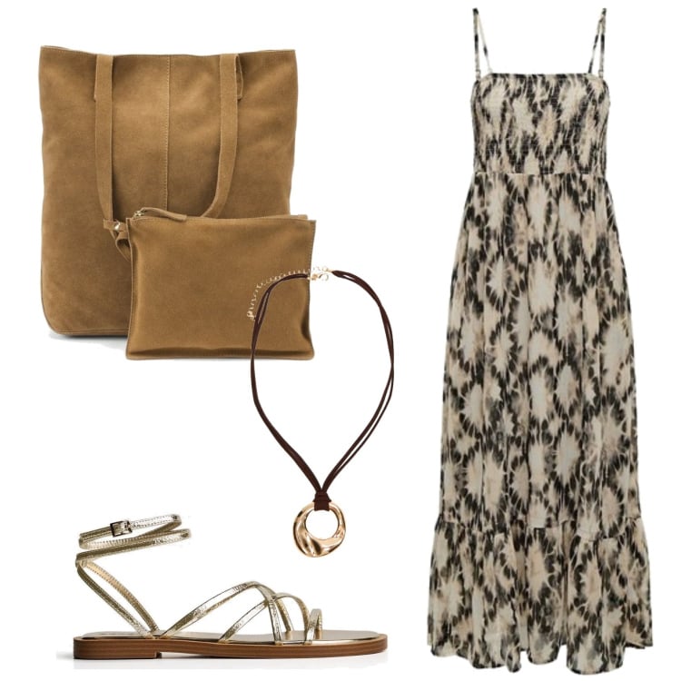 Outfit mujer - Casual. Estilo Casual para Todos los días. Combinación con vestidos largos, bolso tote, sandalias, colgantes.