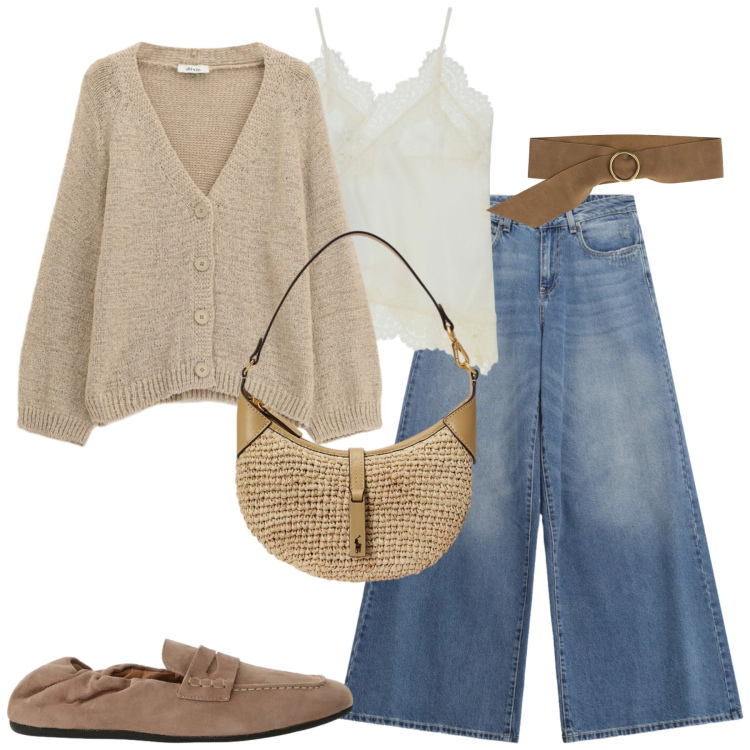 Outfit donna - Maggio. Stile Casual chic per Tutti i giorni. Abbinamento con mocassini, cinture, cardigans, jeans, top, borse a spalla.