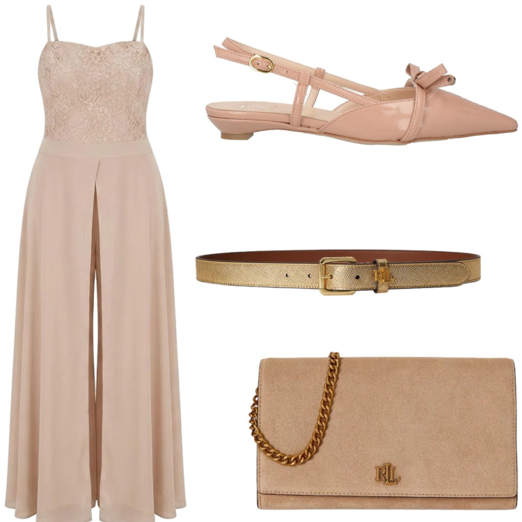 Outfit donna - Cerimonia elegante e romantica. Stile Glamour per Cerimonia. Abbinamento con ballerine, tute, cinture, borse a tracolla.