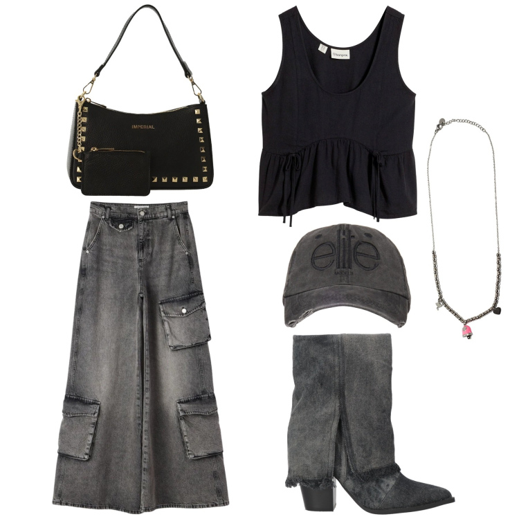 Outfit donna - Idle. Stile Rock per Tutti i giorni. Abbinamento con stivaletti, top, jeans, borse a spalla, ciondoli, cappelli.