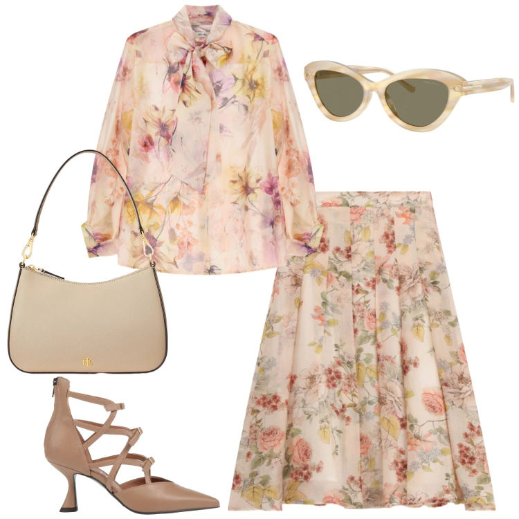 Outfit donna - Elegante. Stile Chic per Cerimonia. Abbinamento con décolleté, gonne lunghe, camicie, borse a spalla, occhiali da sole.