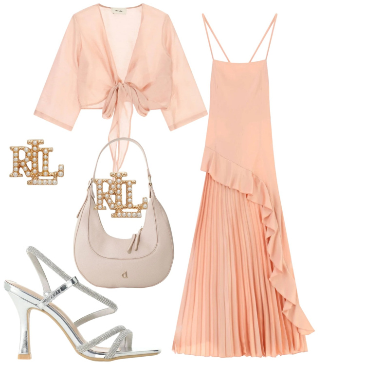 Outfit donna - Peach blush. Stile Chic per Cerimonia. Abbinamento con sandali col tacco, bluse, borse a tracolla, vestiti lunghi, orecchini.
