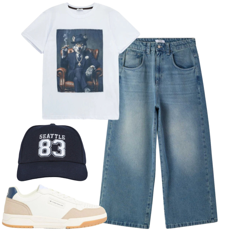 Outfit uomo - Maggior. Stile Casual per Tutti i giorni. Abbinamento con sneakers, cappelli, jeans, t-shirt.
