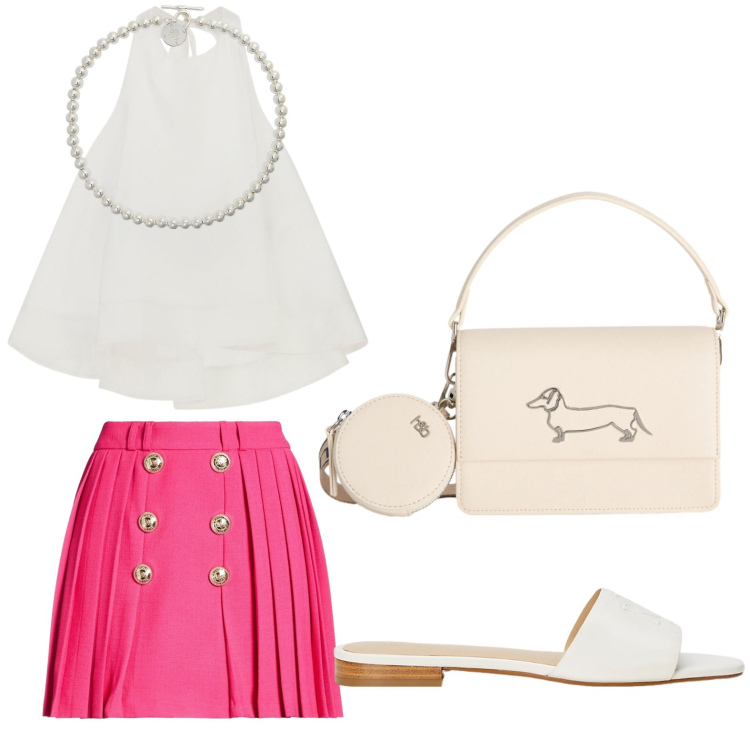 Outfit donna - Silhouette fluide e leggere. Stile Bon Ton per Tutti i giorni. Abbinamento con minigonne, borse a tracolla, top, collane, ciabatte.
