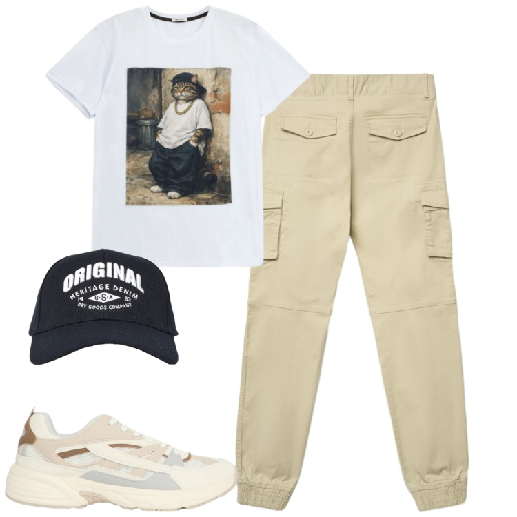 Outfit uomo - Total look #2398849. Stile Casual per Tutti i giorni. Abbinamento con sneakers, cappelli con visiera, pantaloni cargo, t-shirt.