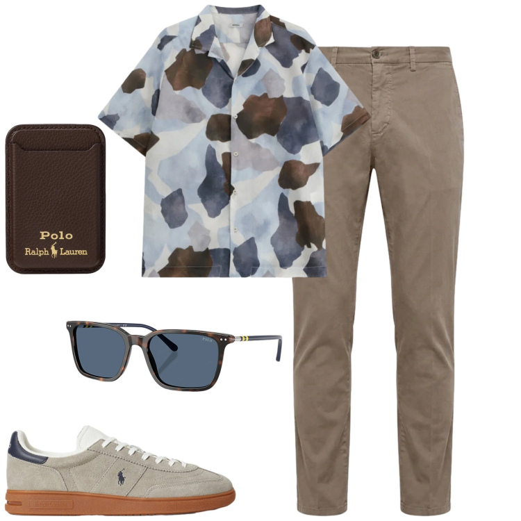Outfit uomo - Maggio. Stile Casual per Tutti i giorni. Abbinamento con camicie a manica corta, pantaloni chino, sneakers, portafogli, occhiali da sole.