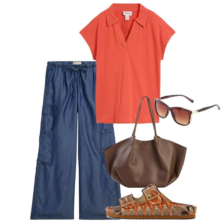 Outfit donna - Maggio. Stile Casual per Tutti i giorni. Abbinamento con pantaloni, occhiali da sole, polo, shopping bag, sandali.