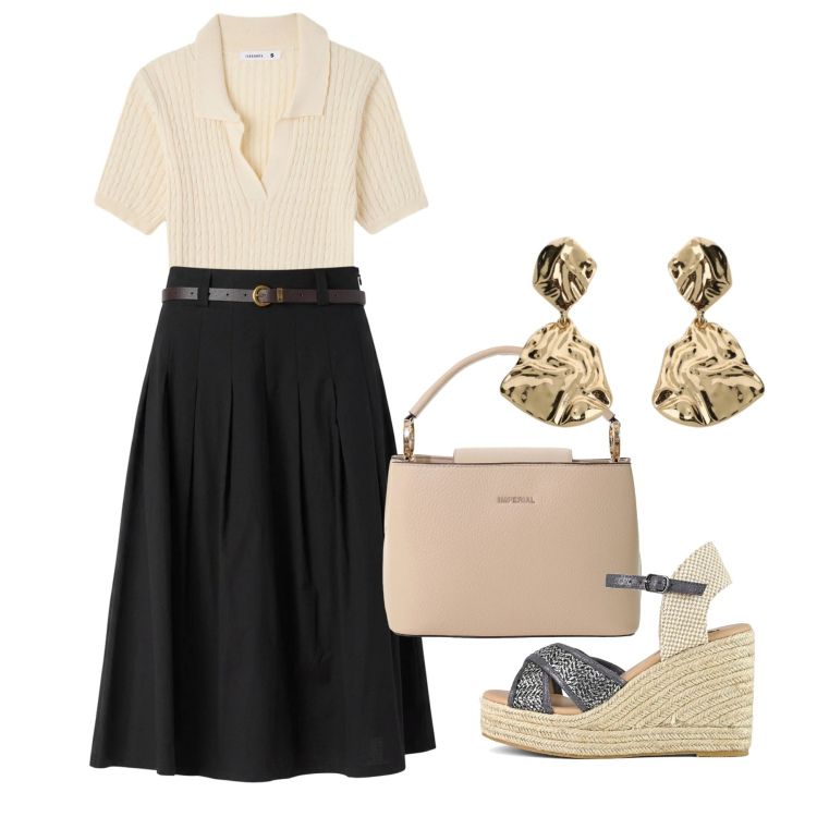 Outfit donna - Punto vita protagonista - Focus Donna Cu. Stile Bon Ton per Ufficio. Abbinamento con polo, gonne longuette, borse a secchiello, orecchini, zeppe.