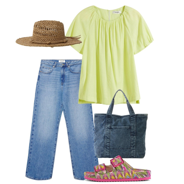 Outfit donna - Verso l\'estate. Stile Casual per Tutti i giorni. Abbinamento con bluse, shopping bag, jeans dritti, cappelli, sandali.