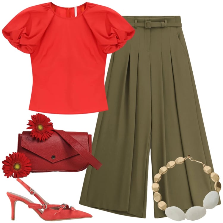 Outfit donna - Red Spring. Stile Casual per Tutti i giorni. Abbinamento con décolleté, pantaloni a palazzo, bluse, borse a tracolla, collane.
