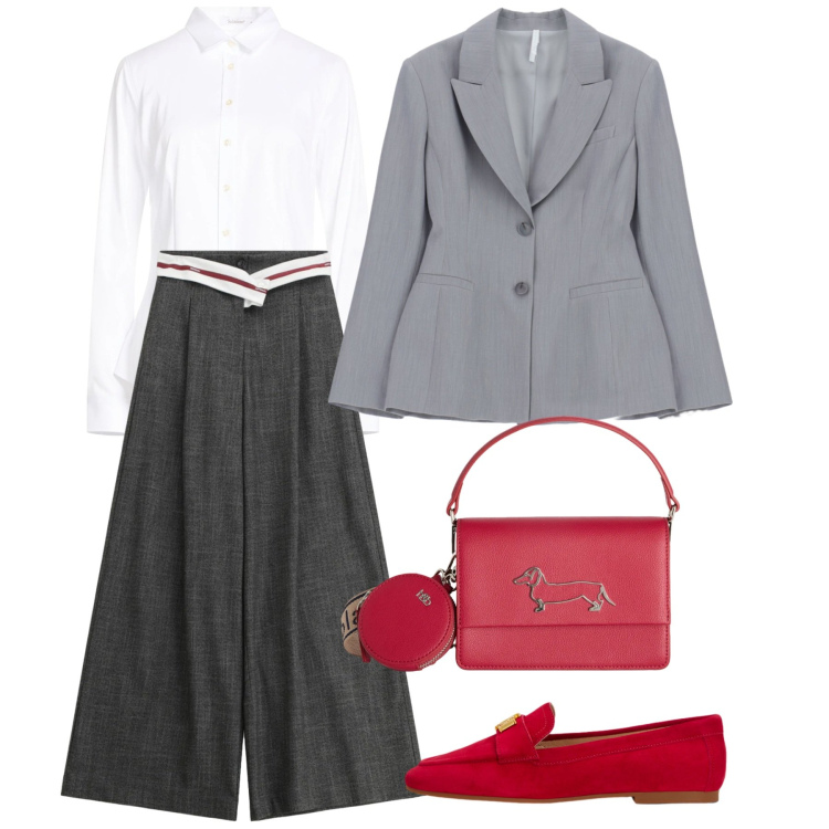 Outfit donna - Punto vita protagonista - Focus Donna Cu. Stile Bon Ton per Ufficio. Abbinamento con camicie, borse a tracolla, pantaloni a palazzo, blazer, mocassini.