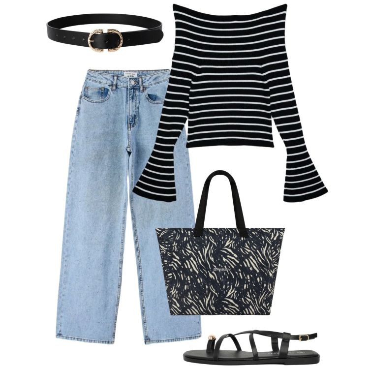Outfit donna - Maggio. Stile Casual per Tutti i giorni. Abbinamento con maglieria, jeans, cinture, sandali, shopping bag.