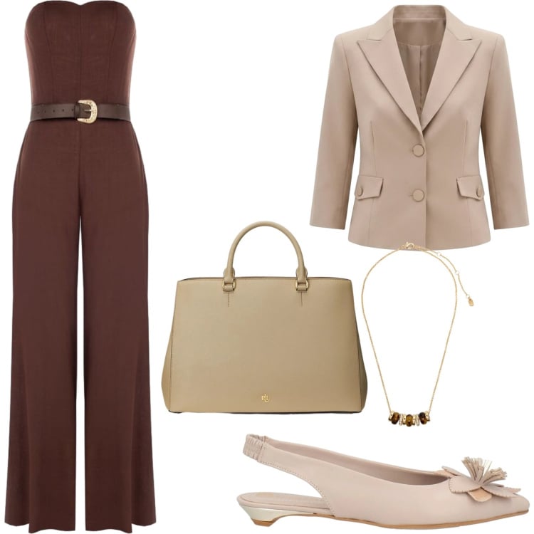 Outfit donna - Eleganza discreta. Stile Glamour per Serata fuori. Abbinamento con ballerine, tute, blazer, collane, borse a mano.