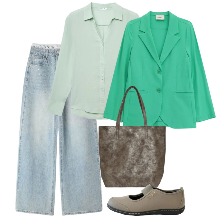 Outfit donna - Maggio. Stile Casual per Tutti i giorni. Abbinamento con ballerine, shopping bag, camicie, jeans, blazer.