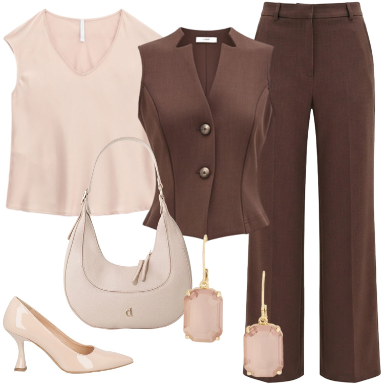 Outfit donna - cream and chocolate. Stile Casual chic per Ufficio. Abbinamento con décolleté, canottiere, gilet, pantaloni, borse a tracolla, orecchini.