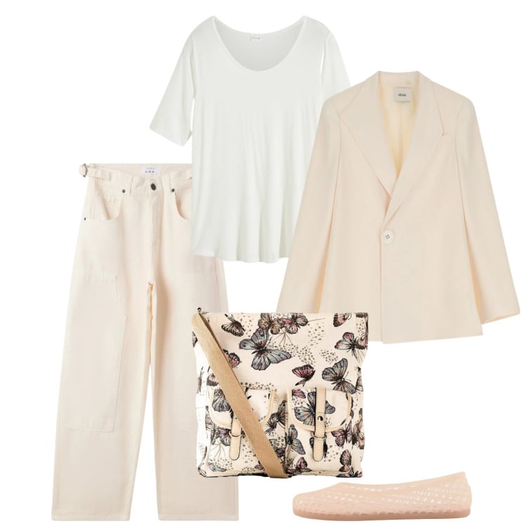 Outfit donna - Primavera avorio. Stile Casual per Tutti i giorni. Abbinamento con borse a tracolla, maglieria, pantaloni, blazer, ballerine.