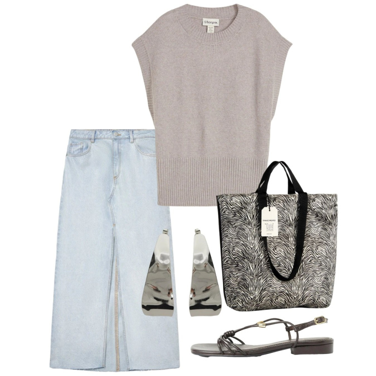Outfit donna - Maggio. Stile Casual per Tutti i giorni. Abbinamento con maglieria, sandali, gonne lunghe, borse tote, orecchini.
