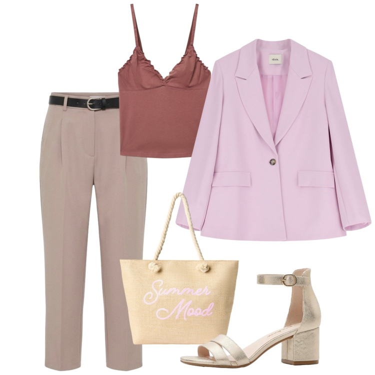Outfit donna - Maggio. Stile Bon Ton per Tutti i giorni. Abbinamento con sandali col tacco, borse tote, canottiere, pantaloni, blazer.