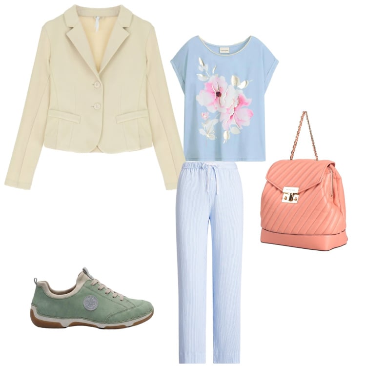 Outfit donna - Free time. Stile Casual per Tutti i giorni. Abbinamento con zaini, sneakers, t-shirt, blazer, pantaloni.