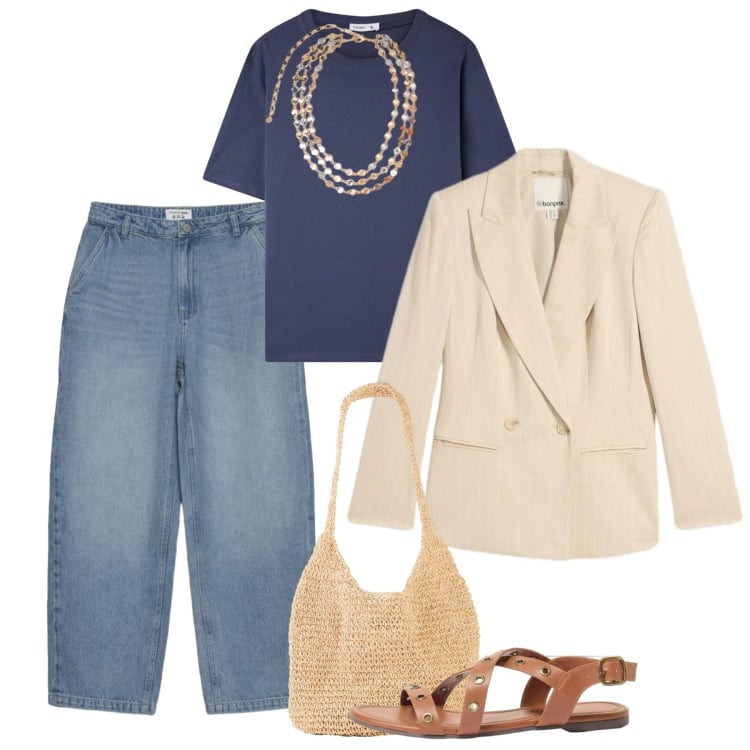 Outfit donna - Maggio. Stile Bon Ton per Tutti i giorni. Abbinamento con shopping bag, blazer, sandali, t-shirt, jeans dritti, collane.