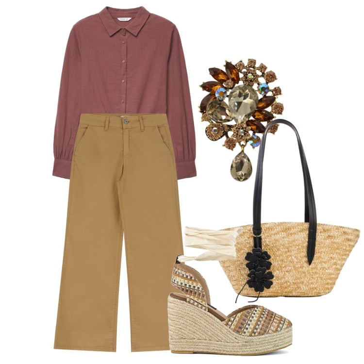 Outfit donna - Maggio ocra e terracotta. Stile Bon Ton per Tutti i giorni. Abbinamento con shopping bag, camicie, jeans, cappotti, zeppe.