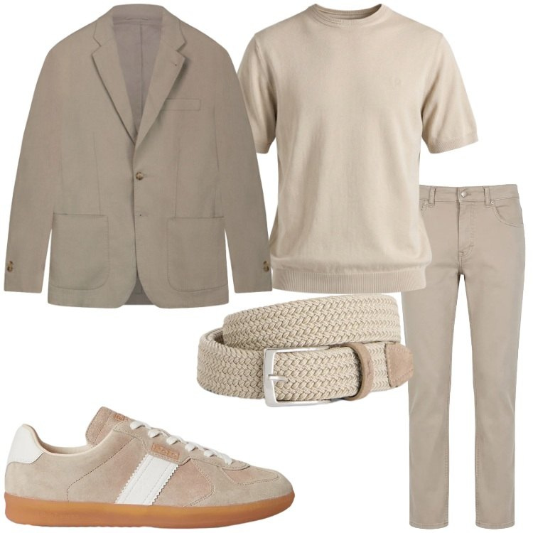 Outfit uomo - Tonalità sabbia e terra. Stile Business/Elegante per Ufficio. Abbinamento con cinture, pantaloni, t-shirt, giacche, sneakers.