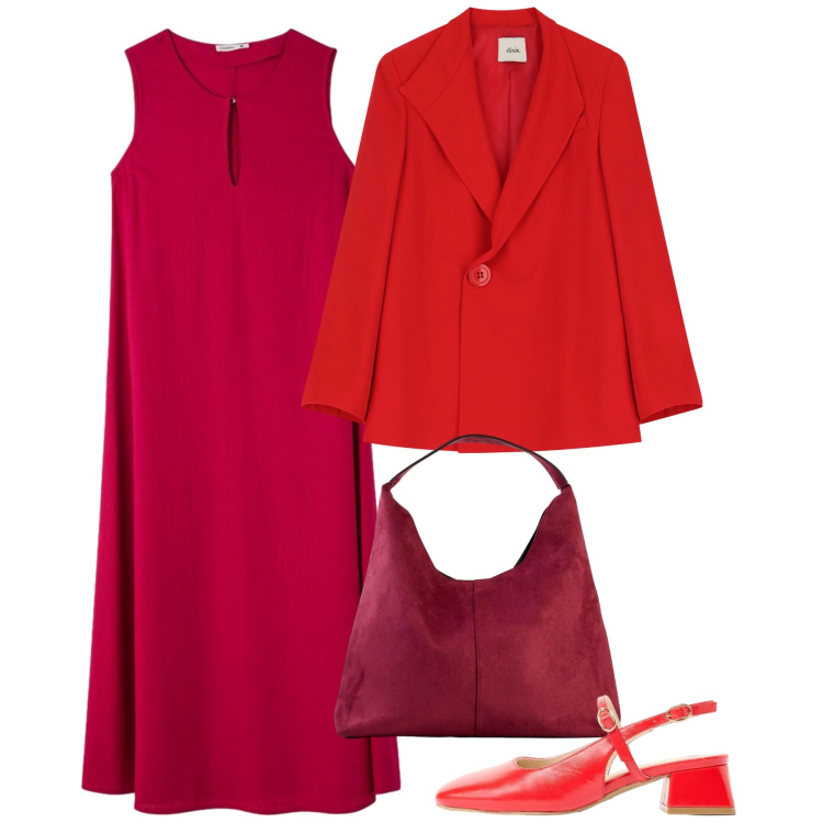 Outfit donna - Maggio in rosso. Stile Bon Ton per Tutti i giorni. Abbinamento con borse a spalla, décolleté, vestiti lunghi, blazer.