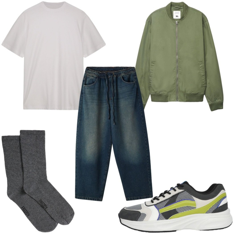 Outfit uomo - Total look #2398891. Stile Trendy per Tutti i giorni. Abbinamento con bomber, sneakers, jeans, calzini, t-shirt.