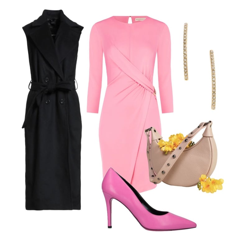 Outfit donna - Stasera teatro. Stile Chic per Serata fuori. Abbinamento con décolleté, cappotti, vestiti asimmetrici, borse a spalla, orecchini.