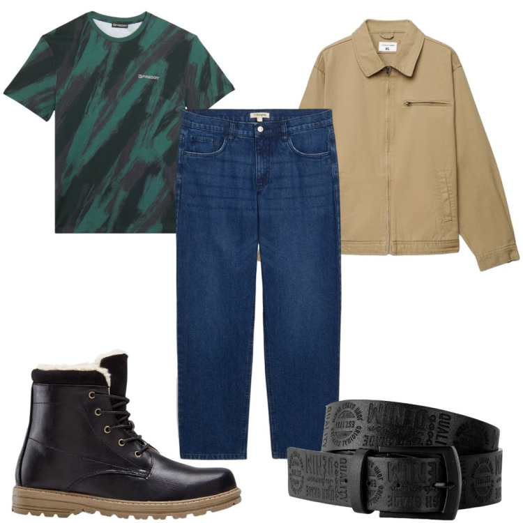 Outfit uomo - Total look #2398901. Stile Casual per Tutti i giorni. Abbinamento con cinture, stivali e stivaletti, jeans dritti, cappotti, t-shirt.
