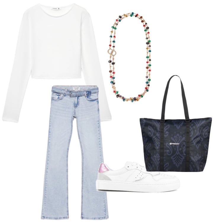 Outfit donna - Passeggiata al parco. Stile Basic per Tutti i giorni. Abbinamento con jeans a zampa, t-shirt, collane, shopping bag, sneakers.