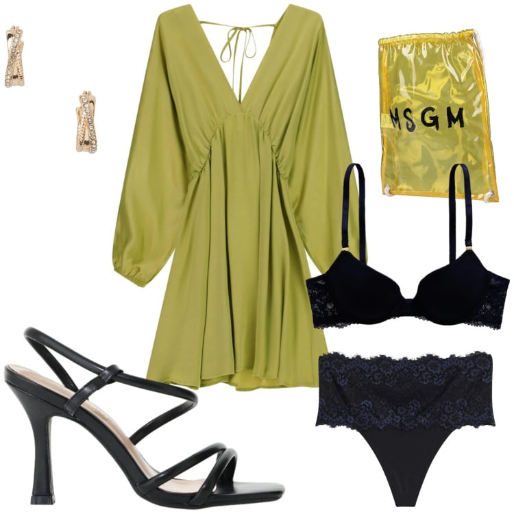 Outfit donna - Look da aperitivo primaverile. Stile Glamour per Serata fuori. Abbinamento con zaini, perizomi, sandali col tacco, vestiti corti, orecchini, reggiseni.
