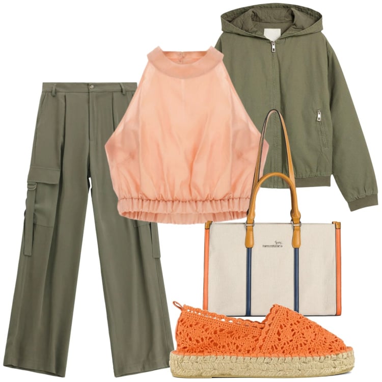 Outfit donna - Passeggiata relax. Stile Casual per Tutti i giorni. Abbinamento con blazer, borse tote, pantaloni cargo, top, espadrillas.