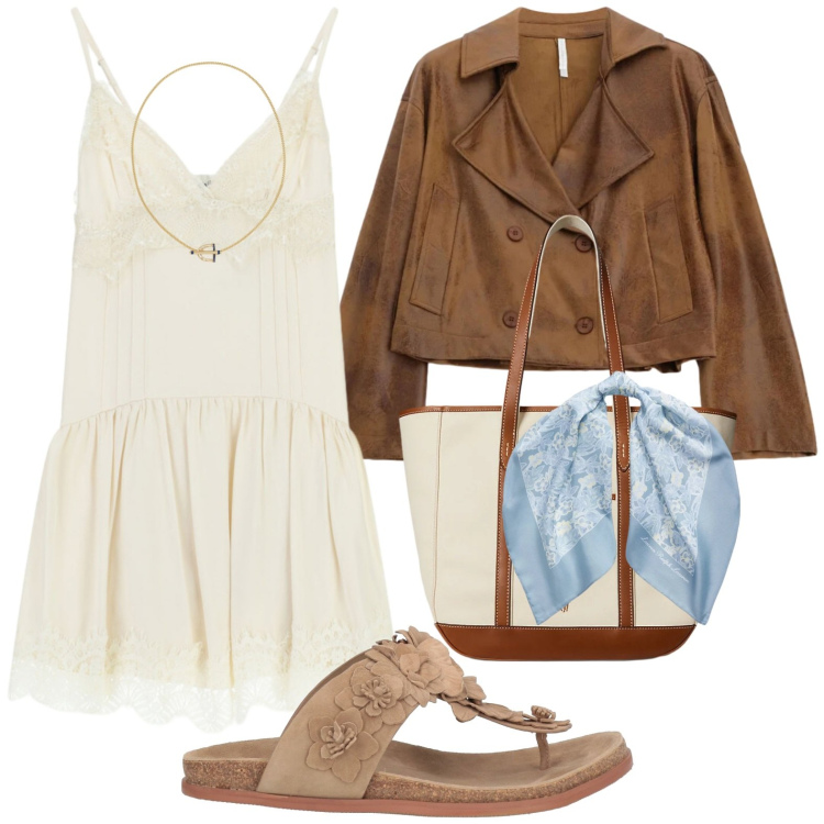 Outfit donna - A maggio con un foulard. Stile Chic per Serata fuori. Abbinamento con infradito, giacche, borse tote, ciondoli, foulard, vestiti corti.