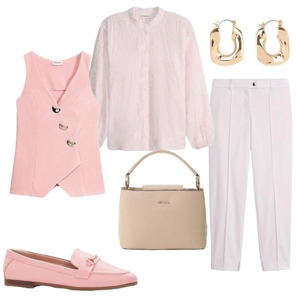 Outfit donna - Chic in rosa. Stile Casual chic per Ufficio. Abbinamento con blazer, orecchini, pantaloni, camicie, mocassini, borse a secchiello.