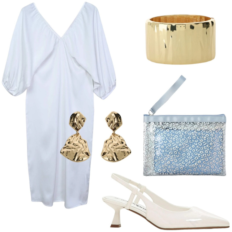 Outfit donna - L\'abito a farfalla. Stile Chic per Serata fuori. Abbinamento con décolleté, vestiti lunghi, pochette, braccialetti, orecchini.
